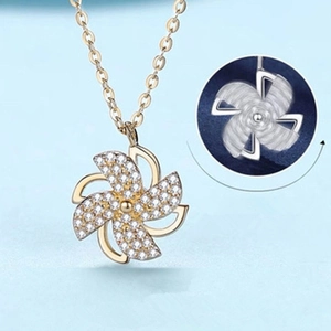 Rotating Windmill Pendant Necklace Copper With Cubic Zirconia Paved Dynamic Fortune Jewelry For Women