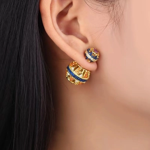 Women's gold spherical earrings with colorful micro-set cubic zirconia crystals