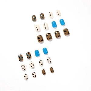 Short square leopard print press-on nails with blue and milk coffee contrast tones