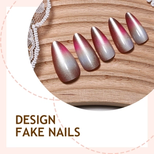 Almond-shaped gradient cat eye press-on nails in pink and silver with glitter finish