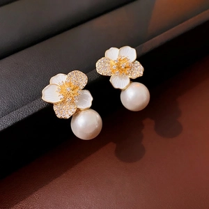 Elegant flower earrings with enamel petals, zircon accents and round pearl drops