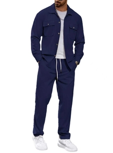 Detail of navy blue men's casual two-piece set with lapel jacket and drawstring trousers