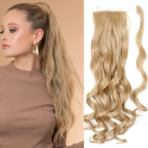 Blonde wavy ponytail extension with magic tape for women shown on model and flat lay