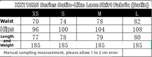 Size chart for women's satin lace skirt showing waist, hip, and length measurements
