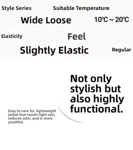 Detailed size and performance chart for a wide-fit lightweight water-resistant jacket