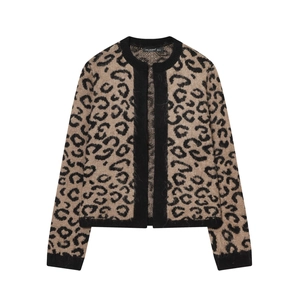 Women Leopard Print Knit Cardigan Fuzzy Long Sleeve Button Down Sweater Casual Ribbed Trim Autumn Winter Tops
