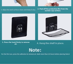 Step-by-step guide for wall-mounted black adhesive soap dish installation on bathroom tiles