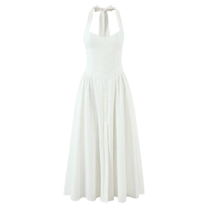 Halter Neck Backless Maxi Dress Elegant Lace Up Button Front Split Sleeveless Solid Color Party Sexy