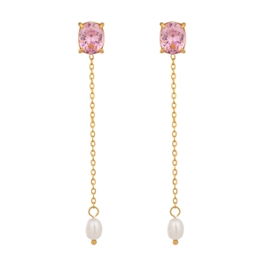 Detail of gold chain earrings with pink oval gemstone and white drop pearl charms