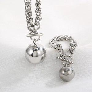 Vintage chunky chain necklace and bracelet set with hollow ball pendant and OT toggle clasp