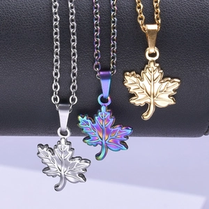 Polished stainless steel maple leaf pendant necklaces in gold, silver, and rainbow colors