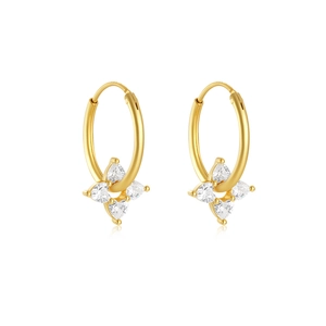 Close-up of golden clover earrings with heart-shaped white cubic zirconia stones