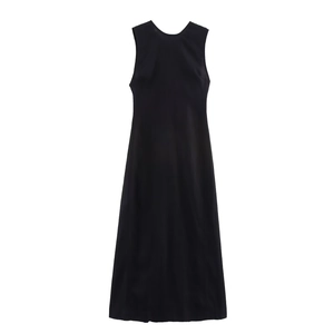 Elegant black sleeveless satin midi dress with a slim fit and glossy silk-like texture