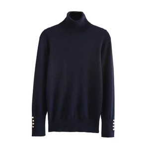 Slim fit navy blue turtleneck sweater with elegant gold buttons on sleeve cuffs