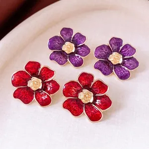 Flower Stud Earrings Alloy Enamel Rose Design With 925 Sterling Silver Earring Post Elegant French Style Women Jewelry