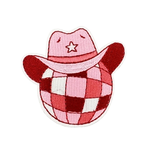 Pink cowgirl hat and disco ball embroidered patch for party accessories and DIY decor
