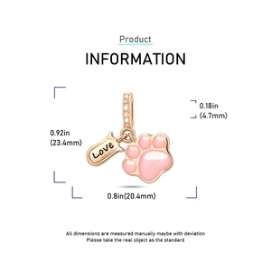 Rose gold cat paw charm with pink gradient and Love tag, product size dimensions