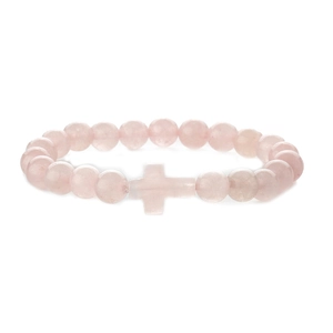 Macro shot of pink natural stone beads and cross charm for beaded bracelets