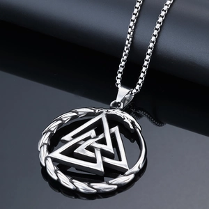 Vintage stainless steel Viking Valknut pendant with interlocking triangles on box chain