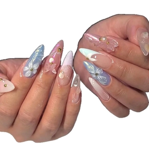 3D floral stiletto press-on nails with blue flowers, butterfly pearls and gold studs