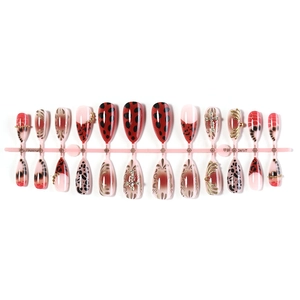 24pcs French leopard print press-on nails with red cherry dots and 3D cross charms
