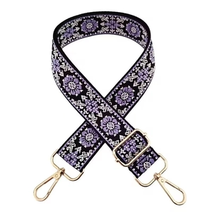 Adjustable 3.8cm wide woven bag strap with purple floral embroidery and gold hooks