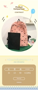Size chart showing 31x13x40cm dimensions for the corduroy backpack with bow prints