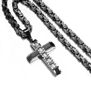Byzantinische Halskette mit Kreuzanhänger aus Edelstahl in Schwarz und Silber mit Zirkon