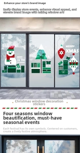 Detail of Christmas window stickers featuring snowman, tree, and Merry Xmas text decals