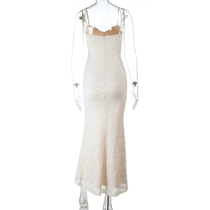 Detailed back view of white lace bodycon maxi dress with fisheye hem and zipper closure