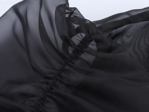 Gros plan détaillé du tissu organza noir plissé montrant la texture en maille transparente