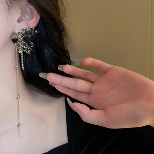Gothic style butterfly tassel earrings with black glitter and silver metal chains