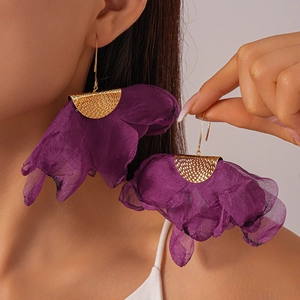 Exaggerated purple chiffon flower earrings with golden textured metal leaf accents