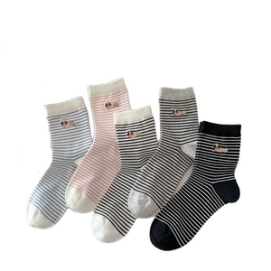 Five pairs of striped mid-calf socks with embroidered cartoon dogs in various colors
