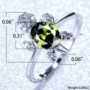 Turtle shape silver ring with oval green gemstone and micro-paved cubic zirconia stones