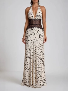 Robe longue élégante à pois, dos nu avec décolleté licou en V et taille en dentelle noire