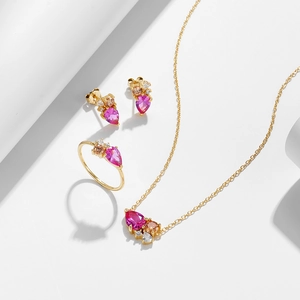 Detailed set of S925 silver pear-shaped pink gemstone necklace, ring and earrings