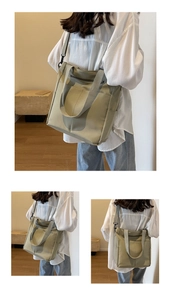 Back view of a khaki nylon tote bag with adjustable wide strap and side pockets