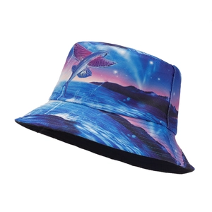 Fashionable bucket hat with dolphin and sunset print, quick-dry sun protection headwear