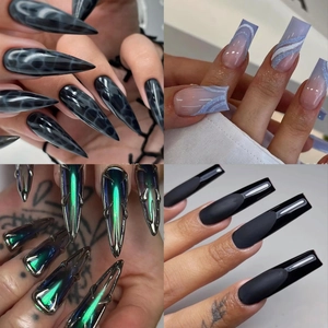 Set de uñas postizas mate finas con estilos mármol, purpurina, cromo y negro mate liso