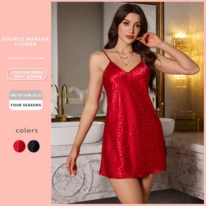 Women Leopard Print Spaghetti Strap Nightgown V-Neck Imitation Satin Satin Sleepwear Sexy Mini Nightdress