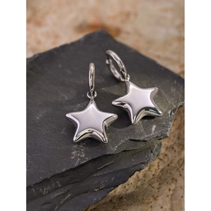 Boucles d'oreilles créoles en acier inoxydable argenté avec pendentifs étoile en 3D