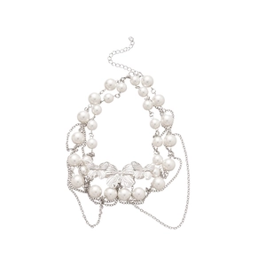 French style double-layer pearl necklace with silver butterfly pendants and chains