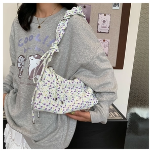 Floral nylon shoulder bag with pleated straps and sweet bow design for daily use