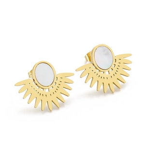 Boucles d'oreilles soleil en acier inoxydable doré avec pierre ovale blanche élégante