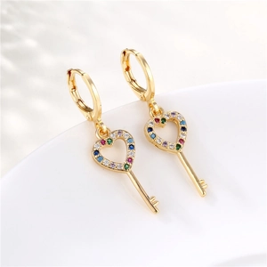 Heart Key Drop Earrings Colorful Zircon Inlaid Copper Gold Plated Romantic Jewelry For Women