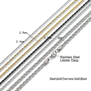 Stainless steel twisted rope chain necklaces in silver, gold, and black in four widths
