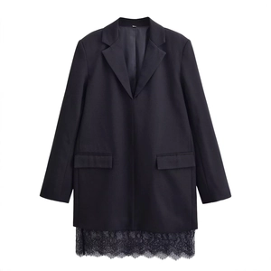 Elegant black long sleeve blazer dress with delicate lace hem on white background
