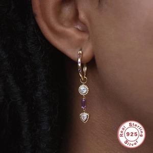 S925 Sterling Silver Gold Earrings featuring Purple Amethyst Zircon Triple Drops for Women