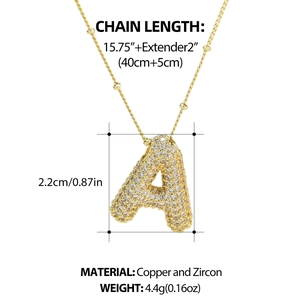 Collier lettre A plaqué or 18 carats avec pendentif zircon et dimensions du produit